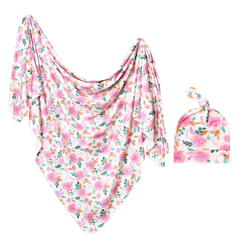 Pink Floral Swaddle & Knot Hat Set