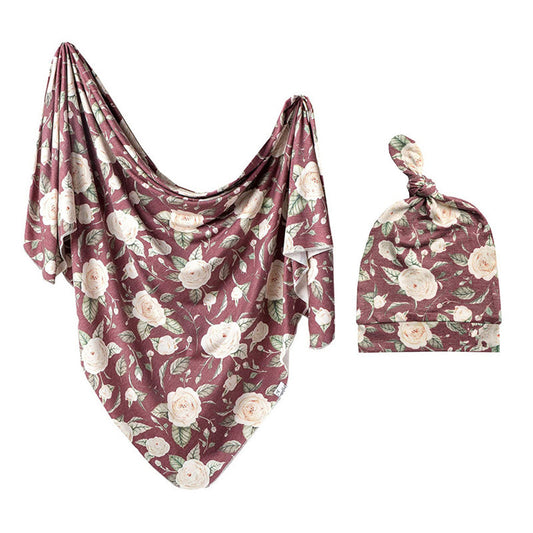 Burgundy Floral Swaddle & Knot Hat Set