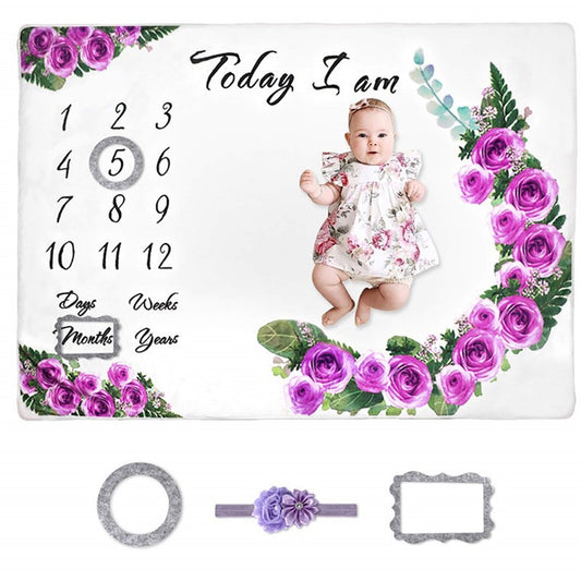 Floral Baby Milestone Blanket - Purple Rose Growth Tracker for Newborn Photos, Soft Photography Backdrop with Accessories, Perfect Baby Shower Gift