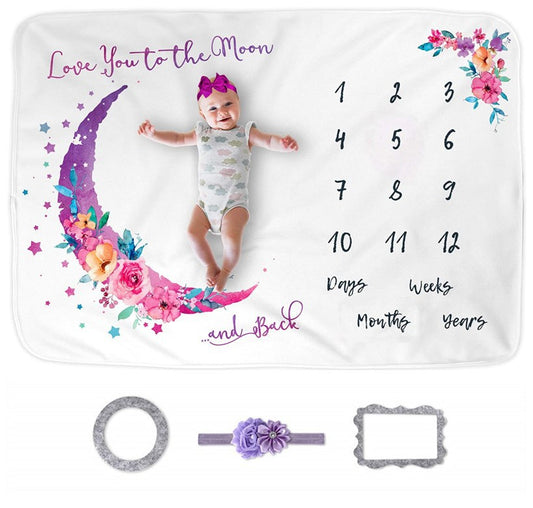 Love You to the Moon Baby Milestone Blanket - Moon and Floral Growth Tracker for Newborn Photos, Soft Photography Backdrop with Accessories, Perfect Baby Shower Gift