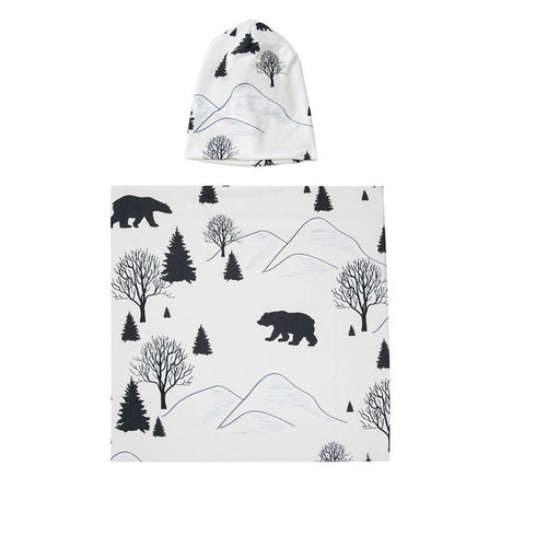 Forest Bear & Mountain Swaddle & Knot Hat Set