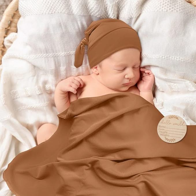 Mocha Brown Swaddle & Luxe Bow Headband, Hat, and Wooden Plaque Set