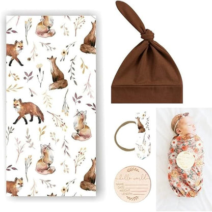 Forest Fox Swaddle & Luxe Bow Headband, Hat, and Wooden Plaque Set