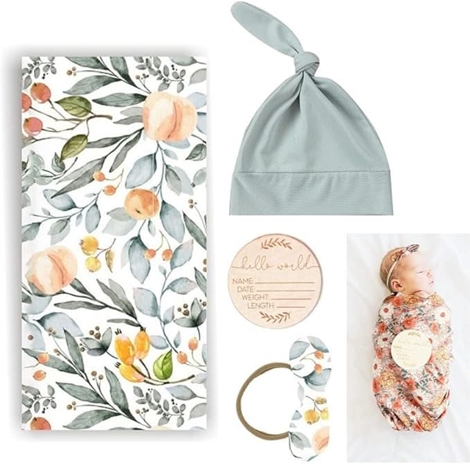 Peach Garden Swaddle & Luxe Bow Headband, Hat, and Wooden Plaque Set