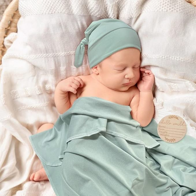 Sage Green Swaddle & Luxe Bow Headband, Hat, and Wooden Plaque Set