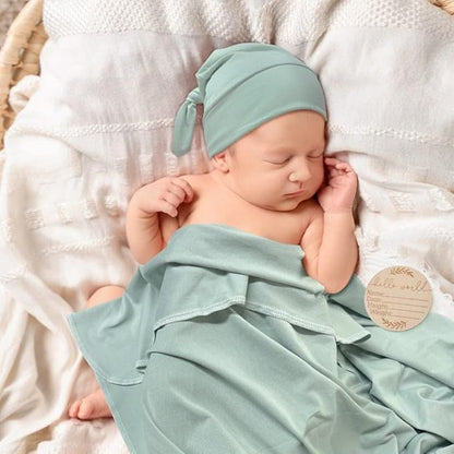 Sage Green Swaddle & Luxe Bow Headband, Hat, and Wooden Plaque Set