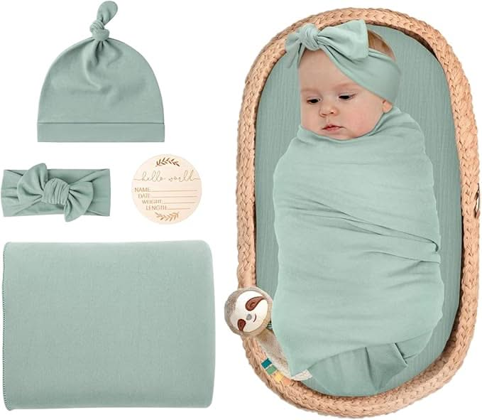 Sage Green Swaddle & Luxe Bow Headband, Hat, and Wooden Plaque Set