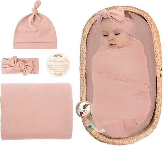 Blush Pink Swaddle & Luxe Bow Headband, Hat, and Wooden Plaque Set