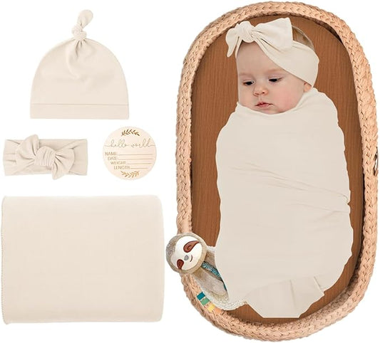 Ivory Classic Swaddle & Luxe Bow Headband, Hat, and Wooden Plaque Set