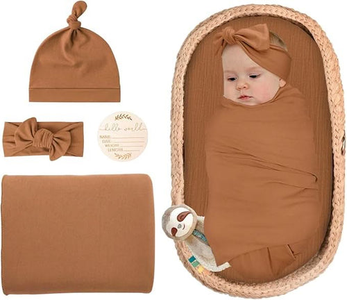 Mocha Brown Swaddle & Luxe Bow Headband, Hat, and Wooden Plaque Set