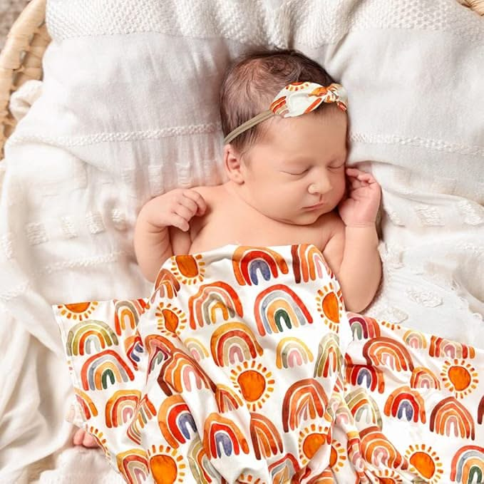 Rainbow Sunshine Swaddle & Luxe Bow Headband, Hat, and Wooden Plaque Set