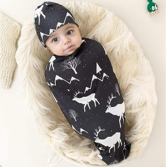 Winter Stag Swaddle & Luxe Knot Hat, Wooden Plaque Set