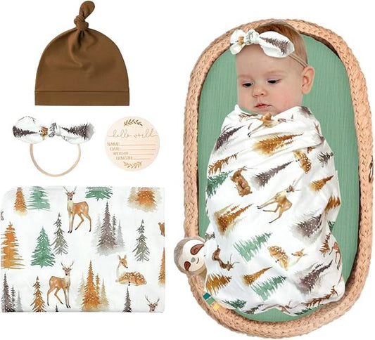 Deep in the Forest Deer Swaddle & Luxe Bow Headband, Hat, and Wooden Plaque Set