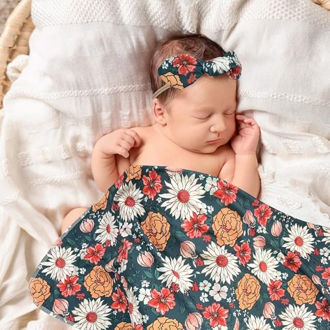 Emerald Blossom Swaddle & Luxe Bow Headband, Hat, and Wooden Plaque Set