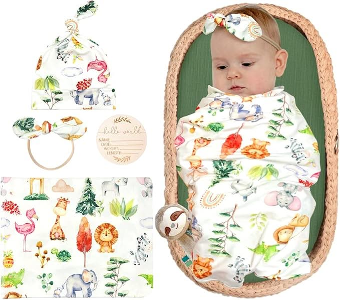 Safari Adventure Swaddle & Luxe Bow Headband, Hat, and Wooden Plaque Set