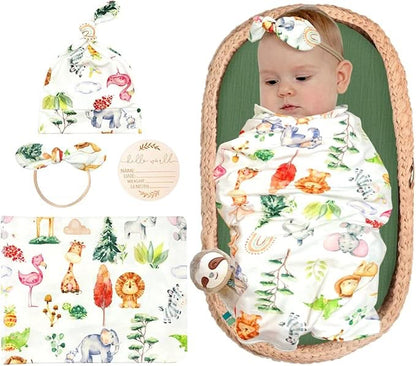 Safari Adventure Swaddle & Luxe Bow Headband, Hat, and Wooden Plaque Set