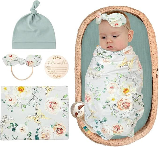 Floral Butterfly Swaddle & Luxe Bow Headband, Hat, and Wooden Plaque Set