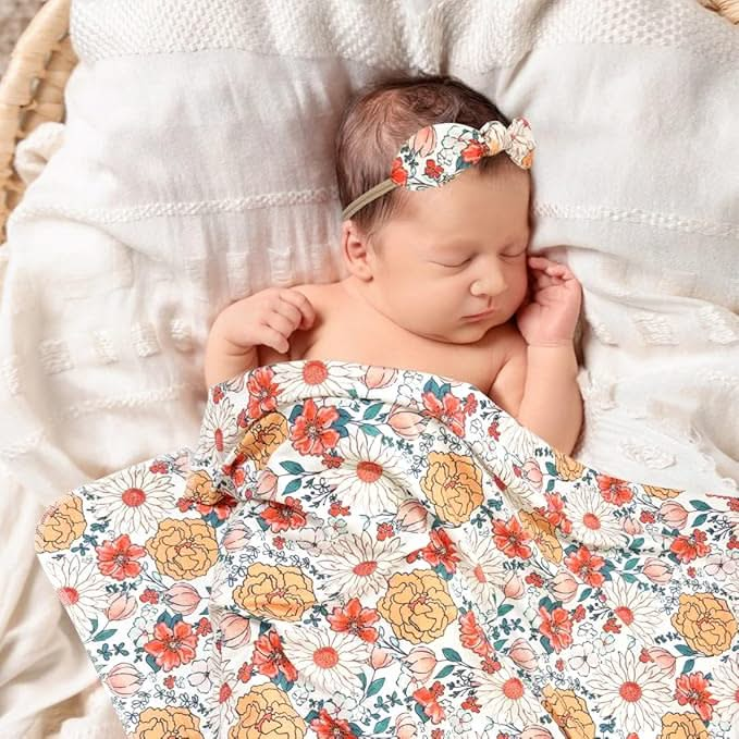 Orange Blossom Swaddle & Luxe Bow Headband, Hat, and Wooden Plaque Set