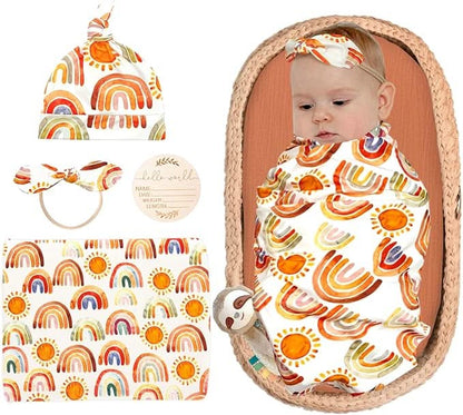 Rainbow Sunshine Swaddle & Luxe Bow Headband, Hat, and Wooden Plaque Set