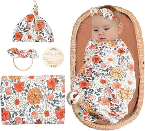 Orange Blossom Swaddle & Luxe Bow Headband, Hat, and Wooden Plaque Set