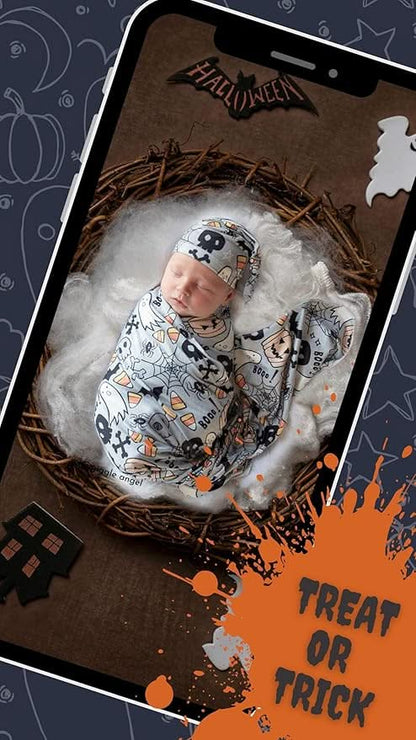 Halloween Boo Swaddle & Luxe Knot Hat, Wooden Plaque Set