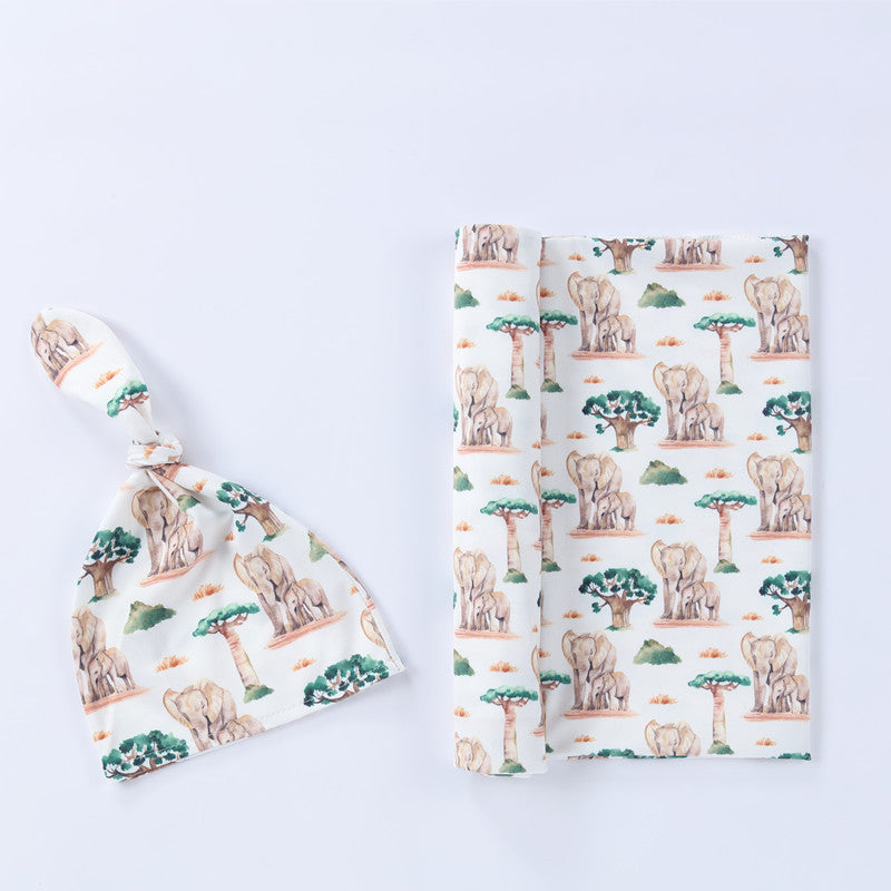 Elephant & Tree Swaddle & Knot Hat Set