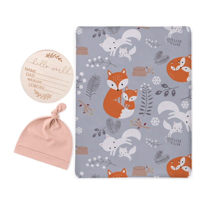 Animal Print Baby Swaddle Blanket, Newborn Hat, and Milestone Cards 3-Piece Set - Soft and Stylish