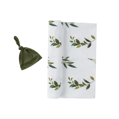 Green Leaf Pattern Swaddle & Knot Hat Set