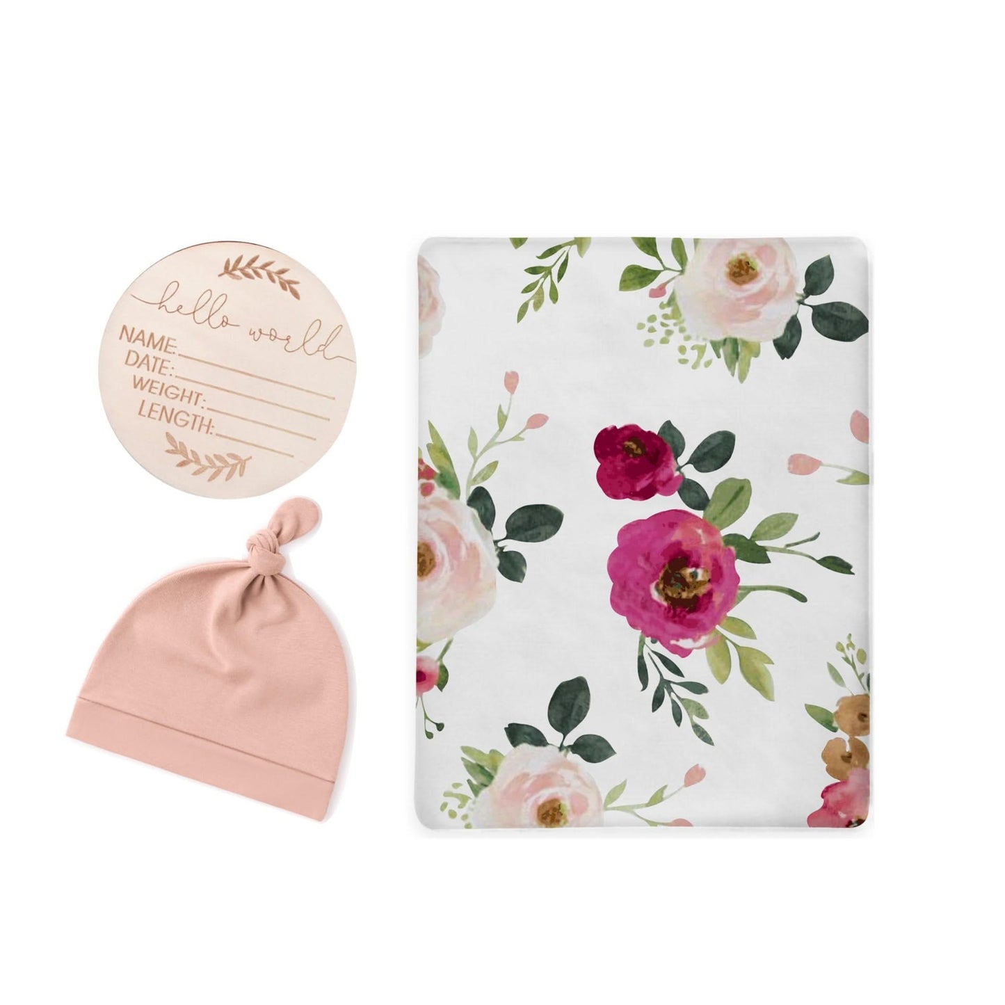 Blush Floral Swaddle & Luxe Knot Hat, Wooden Plaque Set