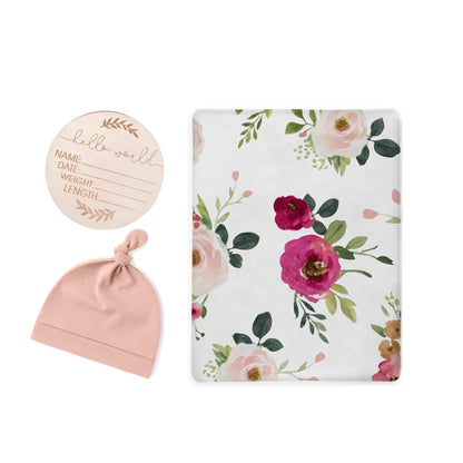 Blush Floral Swaddle & Luxe Knot Hat, Wooden Plaque Set