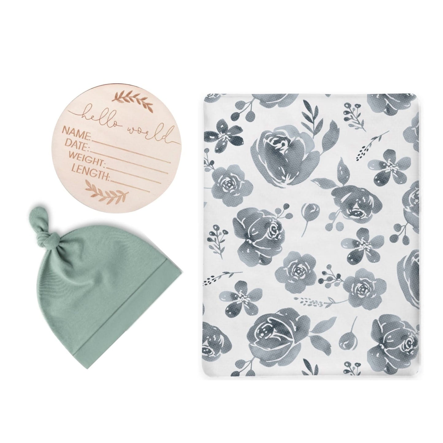 Sage Floral Swaddle & Luxe Knot Hat, Wooden Plaque Set