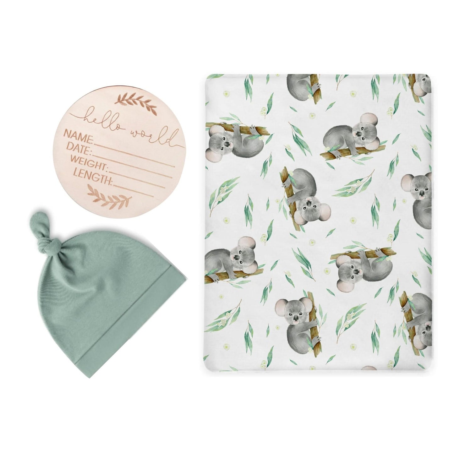 Koala Bears Swaddle & Luxe Knot Hat, Wooden Plaque Set