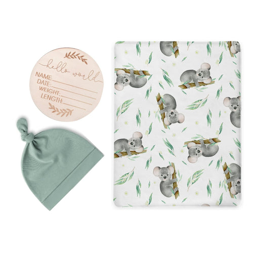 Koala Bears Swaddle & Luxe Knot Hat, Wooden Plaque Set