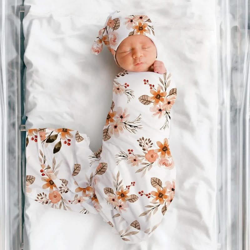 Floral Newborn Swaddle Blanket, Baby Hat, and Headband 3-Piece Set - Soft and Cozy for Newborns