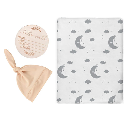 Moon & Clouds Swaddle & Luxe Knot Hat, Wooden Plaque Set