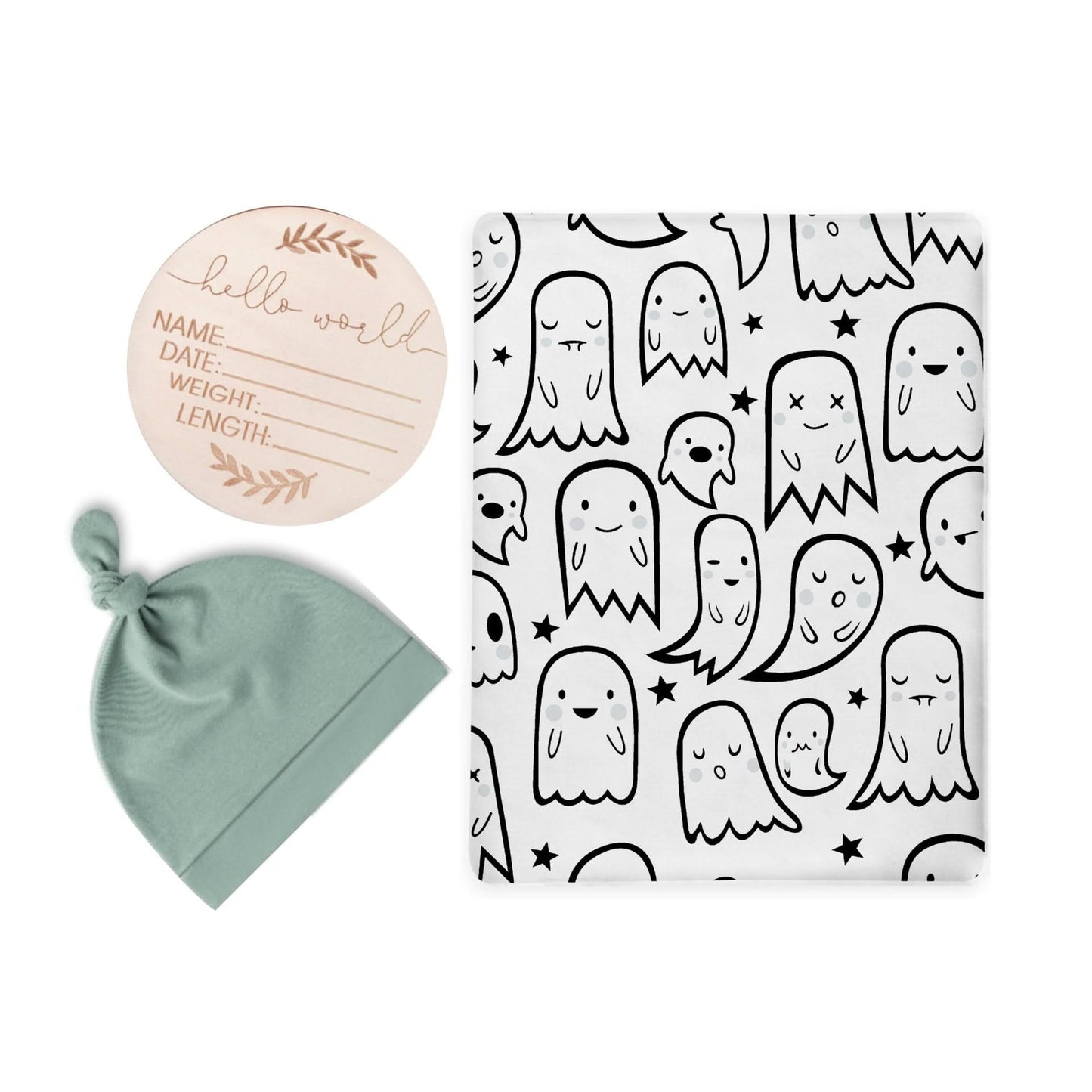 Ghostly Friends Swaddle & Luxe Knot Hat, Wooden Plaque Set