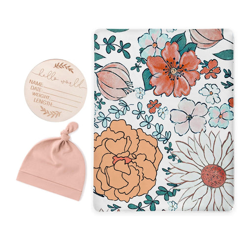 Floral Swaddle & Luxe Knot Hat, Wooden Plaque Set