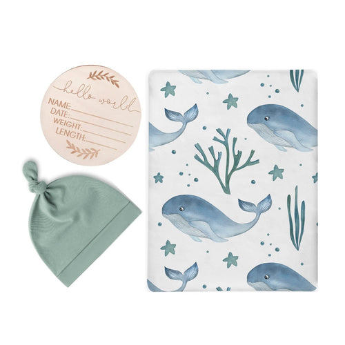 Whale & Ocean Swaddle & Luxe Knot Hat, Wooden Plaque Set