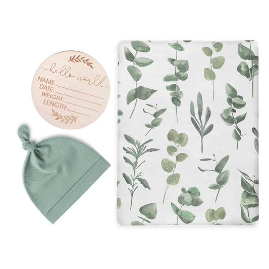 Eucalyptus Greenery Swaddle & Luxe Knot Hat, Wooden Plaque Set