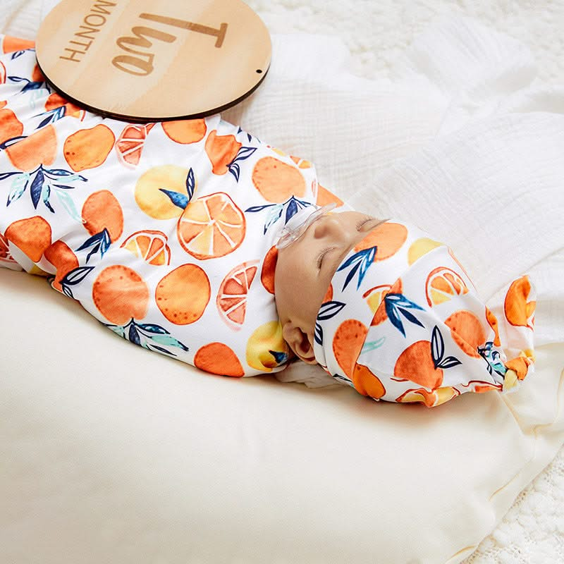 Orange Blossom Swaddle & Luxe Knot Hat, Wooden Plaque Set