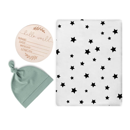 Starry Night Swaddle & Luxe Knot Hat, Wooden Plaque Set