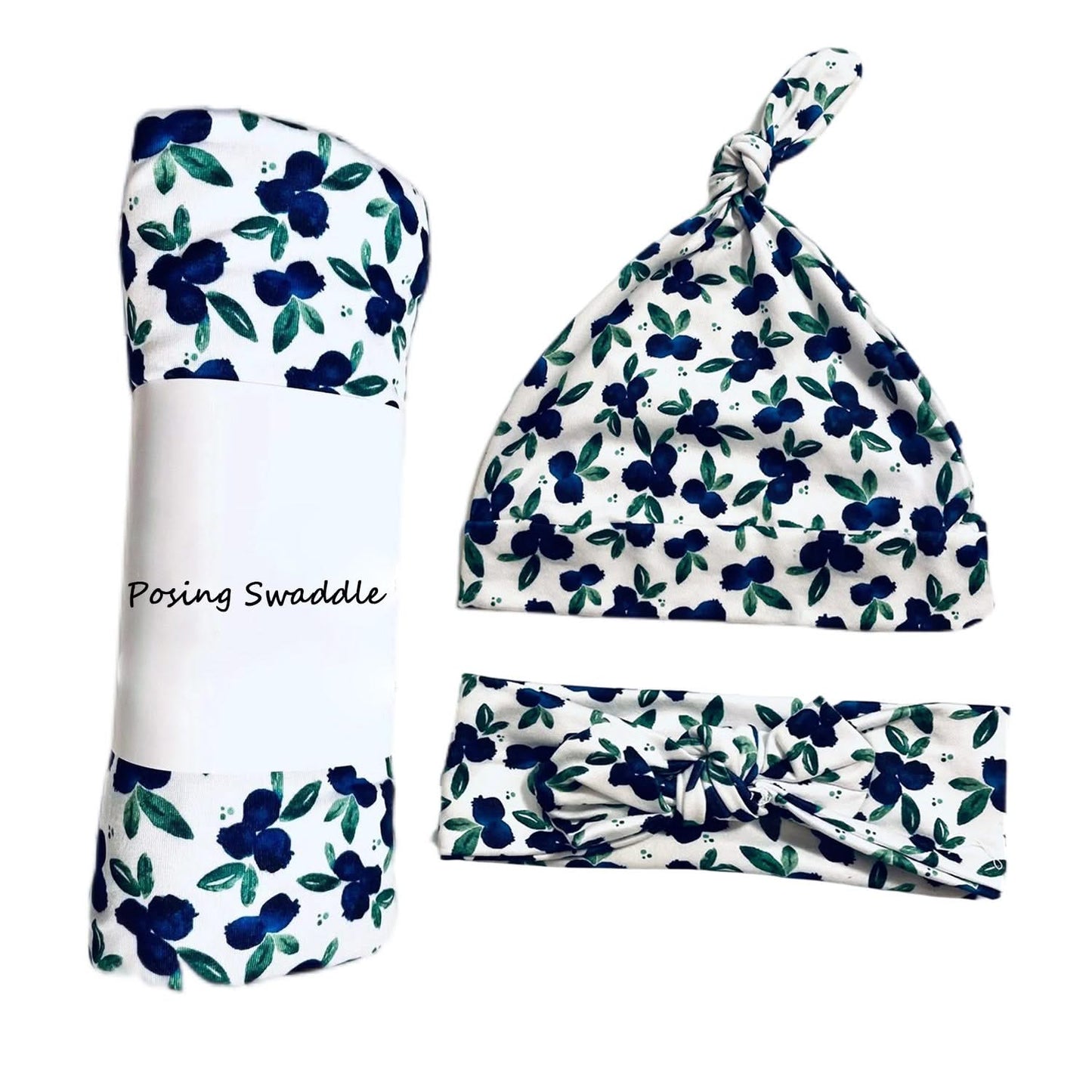 Blue Blossom Swaddle & Luxe Bow Headband Hat Set