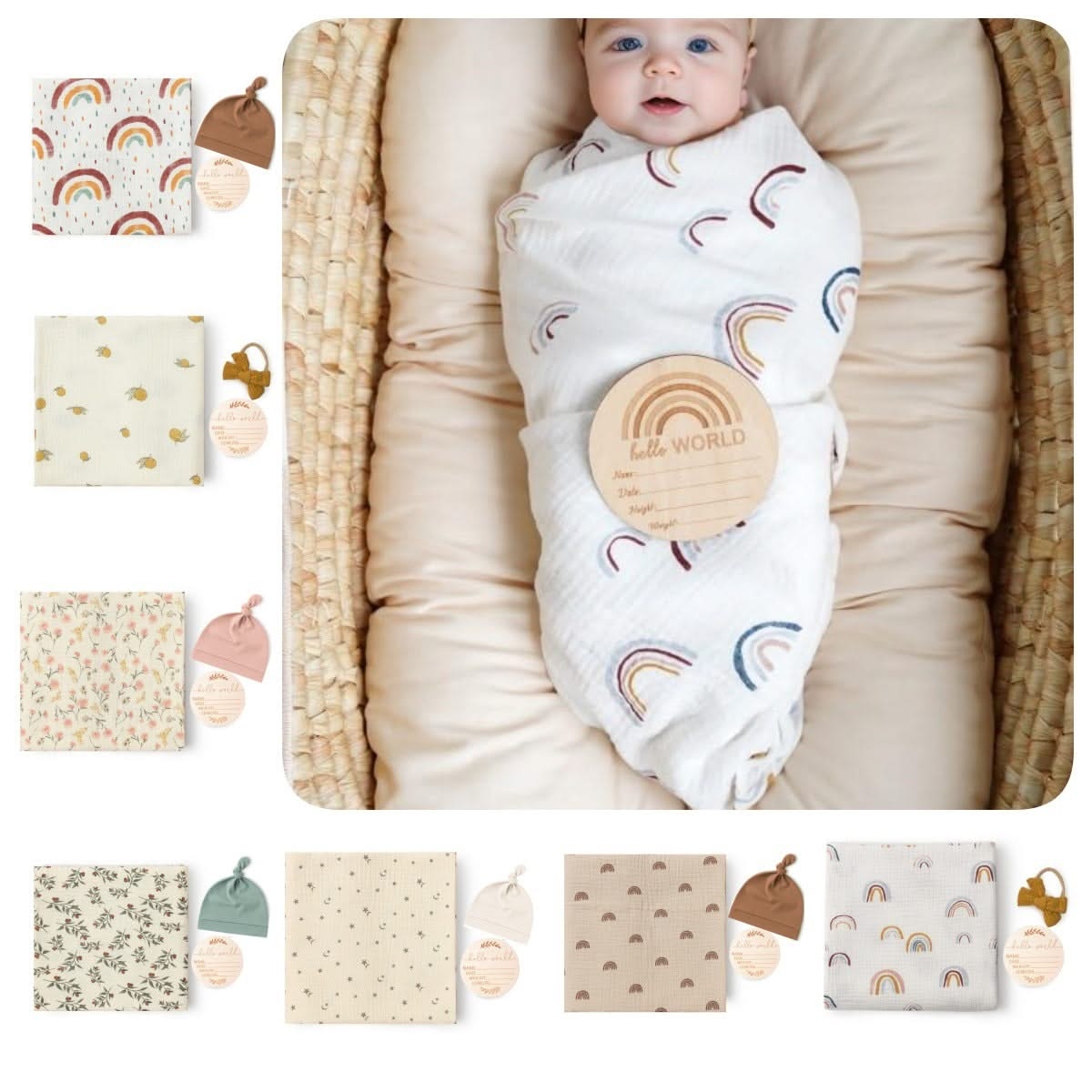 Printed Baby Swaddle Blanket, Newborn Hat, and Milestone Cards 3-Piece Set - Soft and Stylish(39.4in×39.4in)