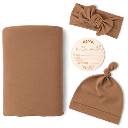 Mocha Brown Swaddle & Luxe Bow Headband, Hat, and Wooden Plaque Set