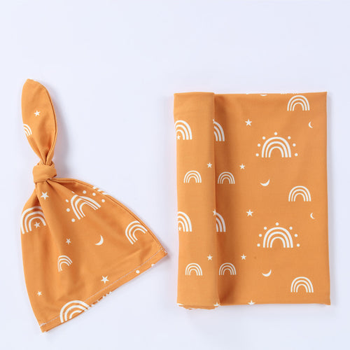 Orange Rainbow & Star Moon Swaddle & Knot Hat Set