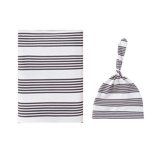 Classic Black and White Stripe Swaddle & Knot Hat Set