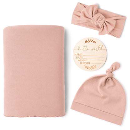 Blush Pink Swaddle & Luxe Bow Headband, Hat, and Wooden Plaque Set