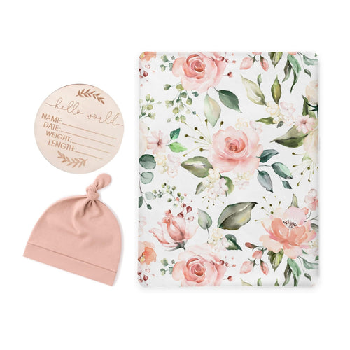 Floral Blossom Swaddle & Luxe Knot Hat, Wooden Plaque Set