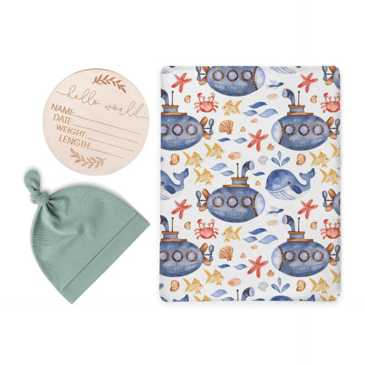 Underwater Adventure Swaddle & Luxe Knot Hat, Wooden Plaque Set