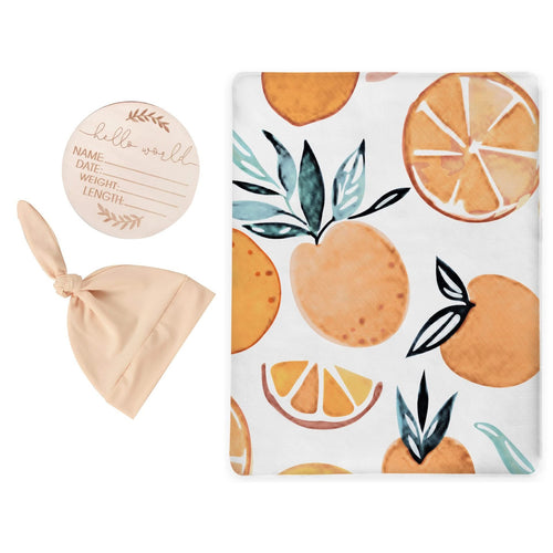 Orange Blossom Swaddle & Luxe Knot Hat, Wooden Plaque Set